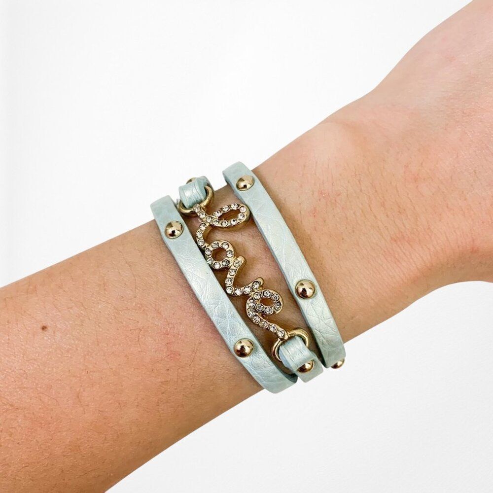 Blue Love Lettering Rhinestone Gold Hardware Wrap Faux Leather Bracelet